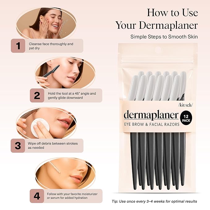 Kitsch Dermaplane Razor for Women Face – Face Razors for Women & Men, Eyebrow Trimmer & Face Shaver – Exfoliating Facial Razor & Skin Care Tool for Smoother Skin - Black, 12 pcs