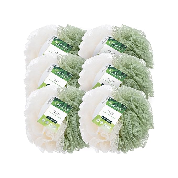 EcoTools Green 2-in-1 EcoPouf, Dual-Sided Shower Loofah Exfoliates & Cleanses Skin, Made of Recycled Netting, Removes Dead Skin, Eco-Friendly Bath Accessory, Cruelty-Free, 6 Count (60g)