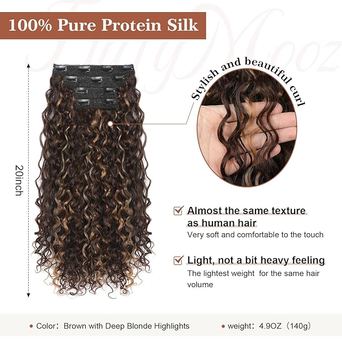 Clip in Hair Extensions, FLUFYMOOZ 4PC 100％ Pure Protein Silk Hair Extensions Long Soft Natural Hairpiece 20 Inch Curly Hair Extension for Women (Brown with Deep Blonde Highlights)