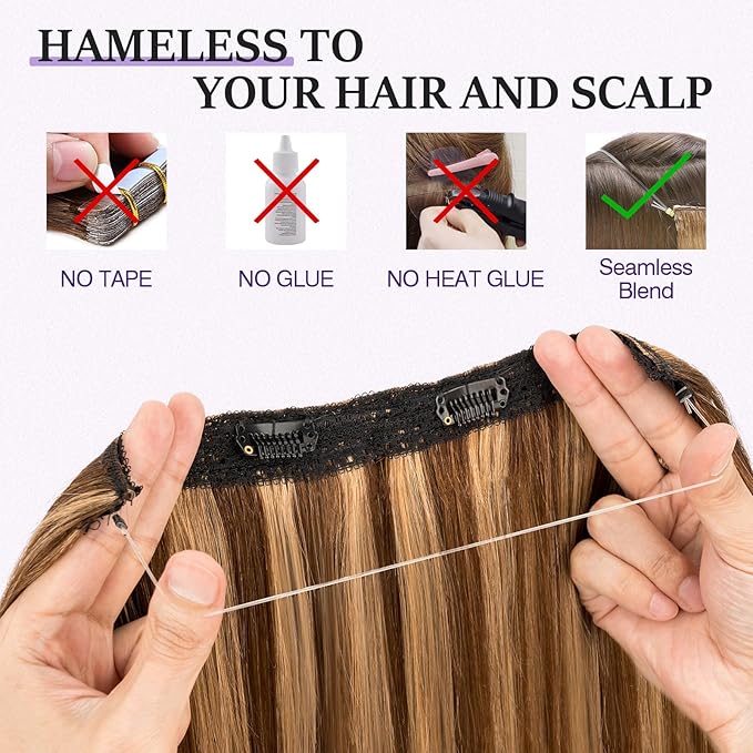 Halo Hair Extensions Real Human Hair,Halo Hair Extension 100% Human Hair,Wire Hair Extensions,Thicker 4P27 Medium Brown Mixed Dark Blonde 16inch/80g