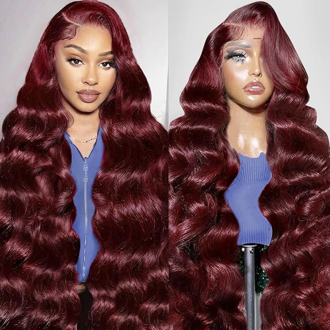 24 Inch 99j Burgundy 13x6 Body Wave Lace Front Wigs Human Hair 200% Density Glueless HD Transparent Lace Frontal Wigs Human Hair Pre Plucked With Baby Hair Burgundy Wine Red Wigs For Women