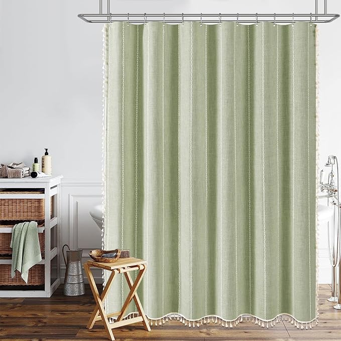 BTTN Boho Farmhouse Shower Curtain - Linen Rustic Heavy Duty Striped Fabric Shower Curtain Set, Bohemian Vintage Country Cloth Shower Curtains for Bathroom, Sage Green, 72" W x 84" L (Pack of 1)
