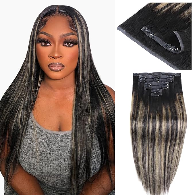 IDN BEAUTY Seamless Clip In Hair Extensions Human Hair, Straight 110g 16 Inch, 1B/19/1B Natural Black to Light Blonde Remy Hair Seamless Clip Ins For Black Women PU Weft Invisible Edge 7pcs