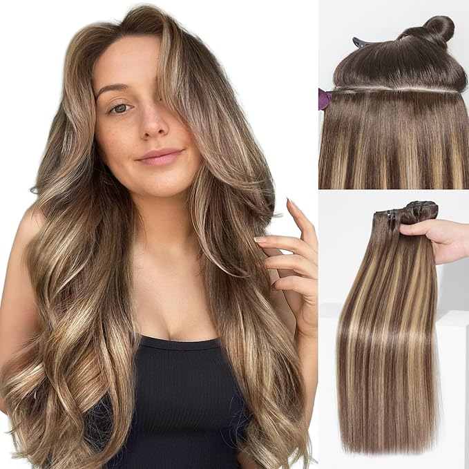 LUVME Invisible Clip in Hair Extensions Real Human Hair, 24 inch 110g 6Pcs, Natural Chestnut Brown Highlights Human Hair Extensions Clip ins for Women, Natural Seamless Straight Human Hair