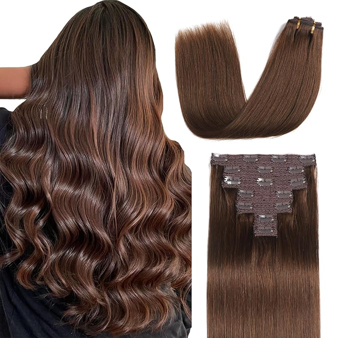 Sisily Clip in Hair Extensions Real Human Hair, 22 inch 120g, Chocolate Brown, 100% Brazilian Remy Human Hair Clip in Extensions Soft Straight 7pcs Per Set with 16 Clips Double Weft