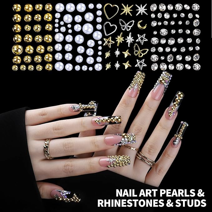 FAMDAMEI 24 Grid Nail Charms, Nail Art Kit with Multi Shapes Nail Charms and Gems, Flatback AB Nail Rhinestones Gold Nail Pearls, Charms Y2K for Nails, 3D Hawaii Flowers Nail Jewels for Nail Design