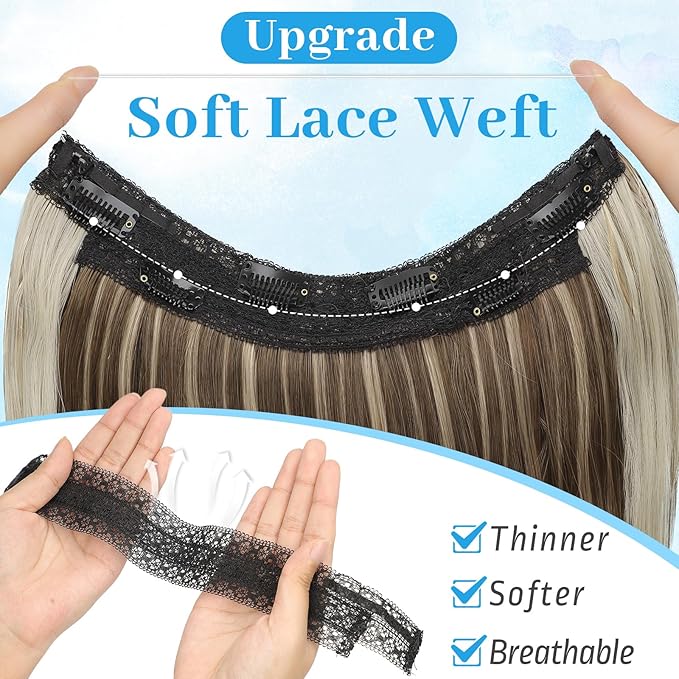 KooKaStyle Invisible Wire Hair Extensions Long Wavy Layered Synthetic with Transparent Headband Adjustable Size 6 Secure Clips Hairpieces for Women (20 Inch, Medium Brown Mix Ash Blonde)