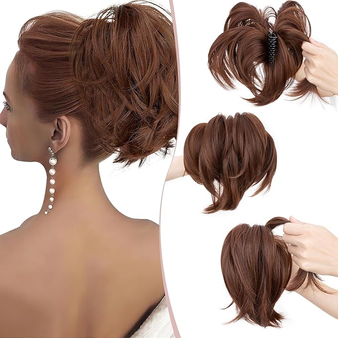 Claw Clip Short Ponytail Hair Extensions Messy Bun Hair Piece Pony Tails Hair Extensions with Bendable Metal Wire Hair Pieces DIY Style 8 Inch 30H33A Brown & Auburn