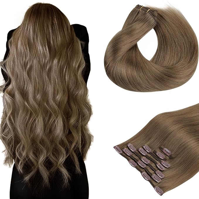 HOTBANANA Human Hair Clip in Hair Extensions, Ash Brown 120g Clip in Hair Extensions Real Human Hair Straight Remy Hair 14 Inch 7pcs