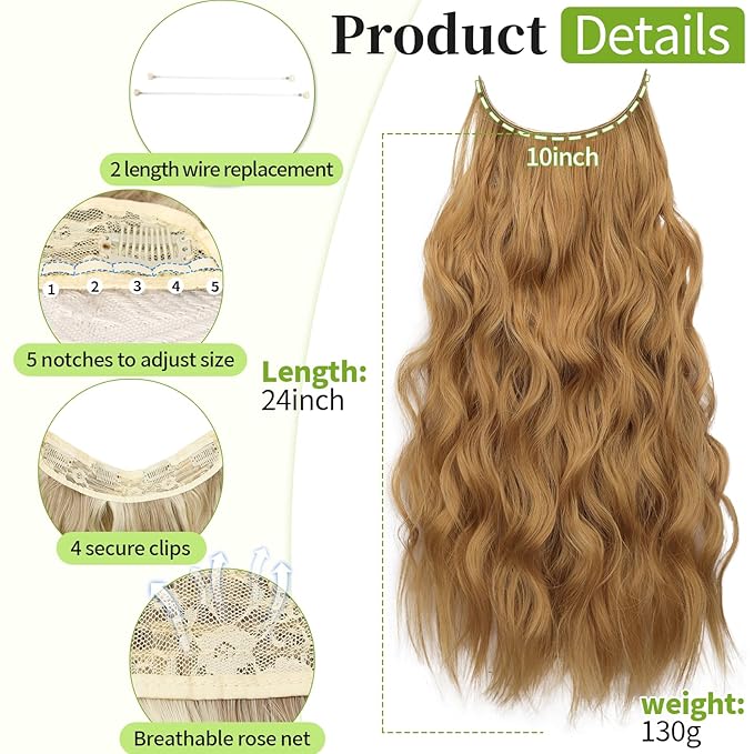 KooKaStyle Invisible Wire Hair Extensions with Transparent Headband Adjustable Size 4 Secure Clips Long Wavy Secret Wire Hairpiece 24 Inch for Women(Medium Reddish Blonde)