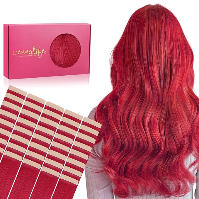 WENNALIFE Tape in Hair Extensions Human Hair, 40pcs 100g 14 inch Red Hair Extensions Real Human Hair Straight Tape in Extensions Invisible Human Hair Extensions Reusable Real Hair Extensions