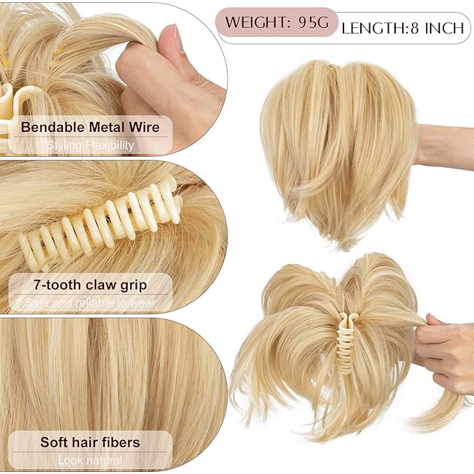 Claw Clip Short Ponytail Hair Extensions Messy Bun Hair Piece Pony Tails Hair Extensions with Bendable Metal Wire Hair Pieces DIY Style 8 Inch 86H613 Soft Brown & Light blonde