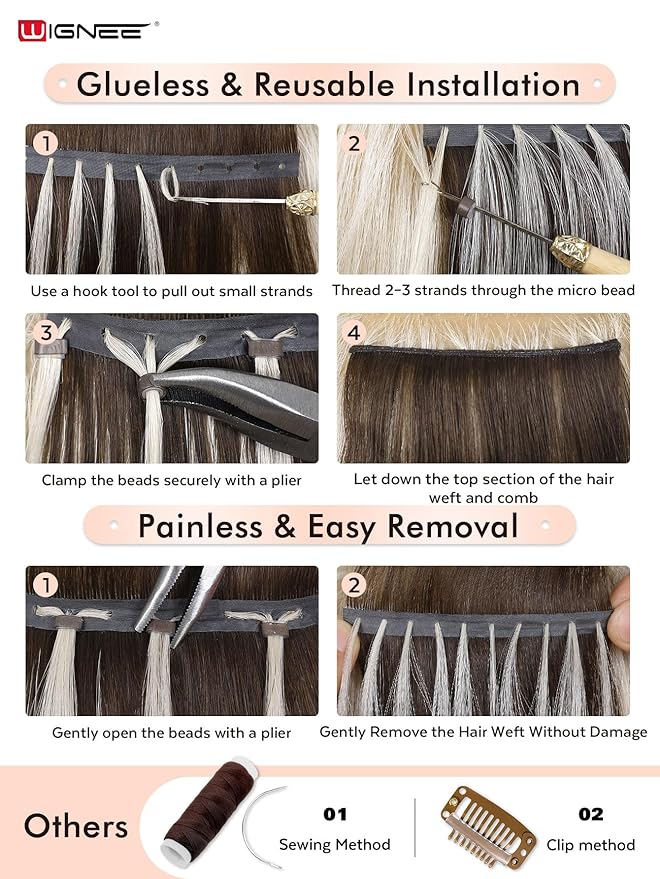WIGNEE OVO Double Hand-Tied Balayage Hair Extensions – 20 Inch, 100g, 5PCS, Highlight Honey Blonde Remy Human Hair, Genius Invisible Sew-In Weft, Glueless, Seamless Soft Silky Hair Extensions (T4/27)