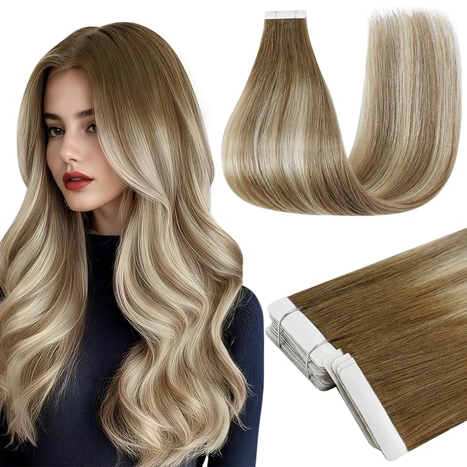 Full Shine Insert Tape in Hair Extensions 14 Inch Color Dark Brown 3 Fading to 8 and 22 Blonde Injected Tape in Extensions Real Human Hair Double Sided Hair Extensions for Women 20Pcs 40Grams Natural