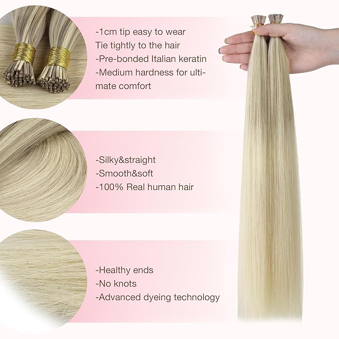 GOO GOO I Tip Hair Extensions Real Human Hair, 20inch 50g 50S, Cold Fusion I Tip Hair Extensions, Invisible Remy Hair Extensions, 17/22/60 Balayage Ash Blonde to Golden Blonde and Platinum Blonde
