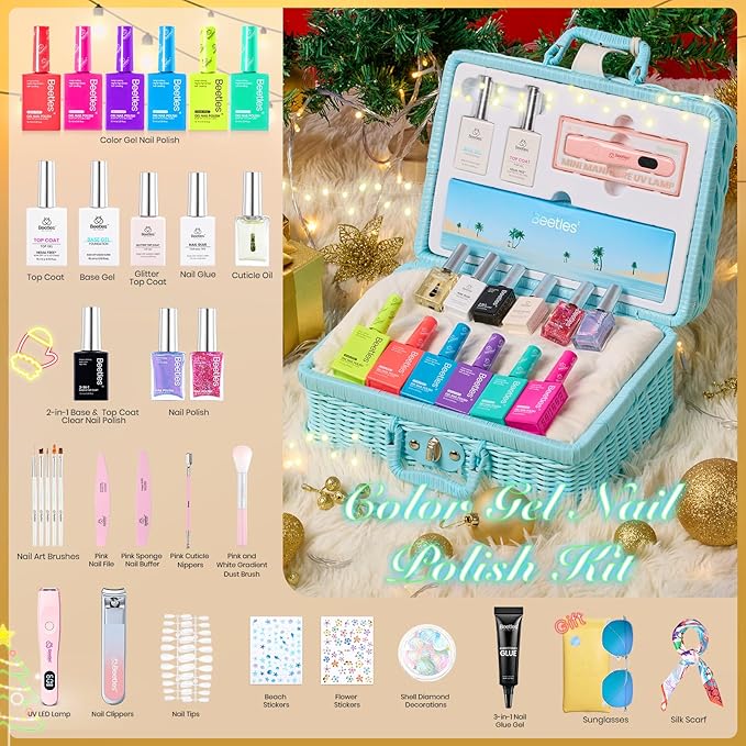Beetles Christmas Gel Nail Polish Set with Mini LED Nail Lamp Purple Red Green Yellow Gel Polish with Base Top Coat Nail Art Brushes Salon DIY Gift Basket for Women