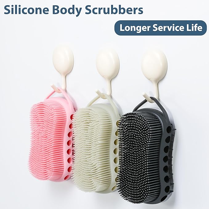 MtBoi Double-Sided Exfoliating Silicone Body Scrubber, 2-in-1 Bath Scrubber, Shampoo Brush, Silicone Loofah for All Skin Types, Shower Body Scrubber, Easy to Clean, Lather Well (Gray)