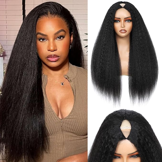 V Part Wig Human Hair Kinky Straight Human Hair Wigs Upgrade U Part Human Hair Wig for Women No Leave Out No Sew In 200% Density Natural Color 30 Inch