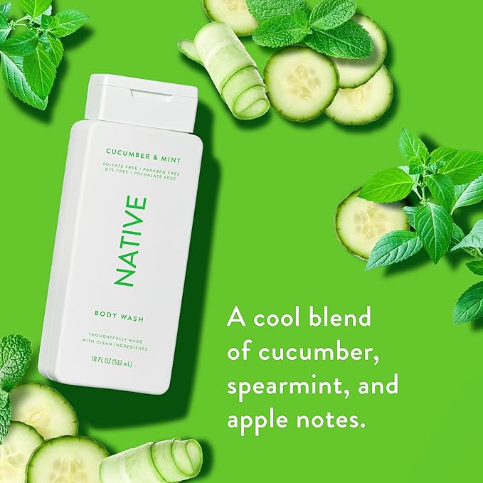 Native Body Wash Contains Naturally Derived Ingredients | For Women & Men, Sulfate, Paraben, & Dye Free Leaving Skin Soft and Hydrated | Cucumber & Mint 18 oz