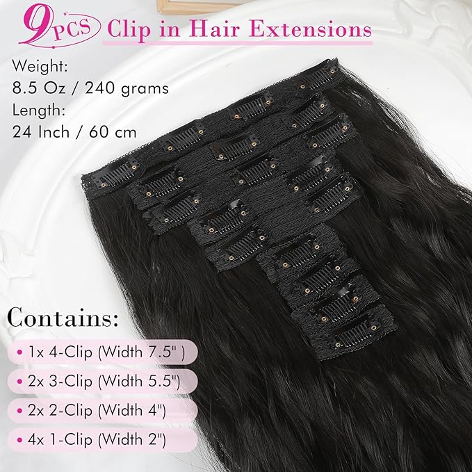 Hair Extensions, REECHO 9PCS Clip in Hair Extensions 24" Thick Long Mini Mermaid Wave Luxurious Lightweight Japanese Technology HYOUITSU Fiber Invisible Soft Lace Weft - HE009 Black Brown