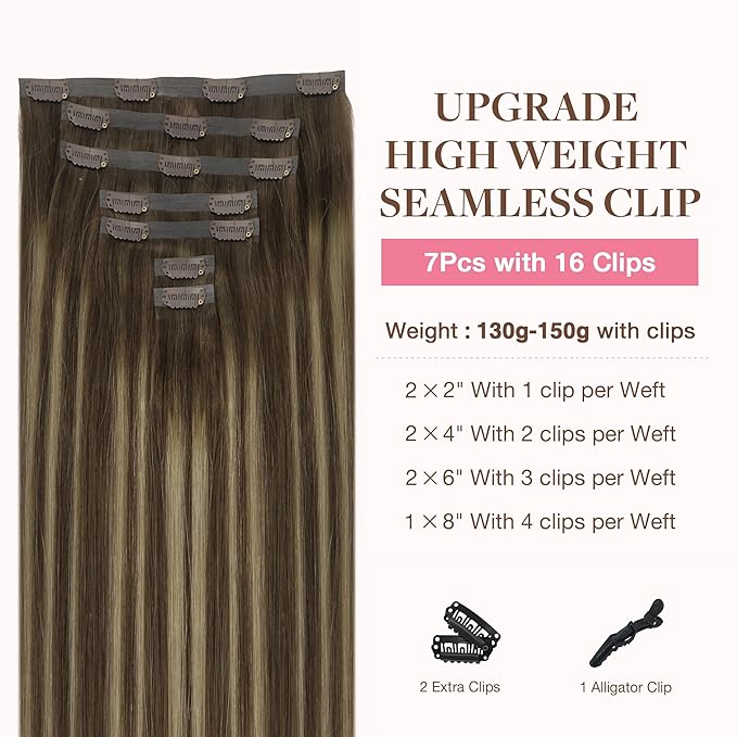 GOO GOO Clip in Hair Extensions Real Human Hair, Remy Human Hair Extensions Clip ins for Women, Natural Human Hair, 18inch 130g 7Pcs, 4/26/4 Balayage Chocolate Brown to Honey Blonde