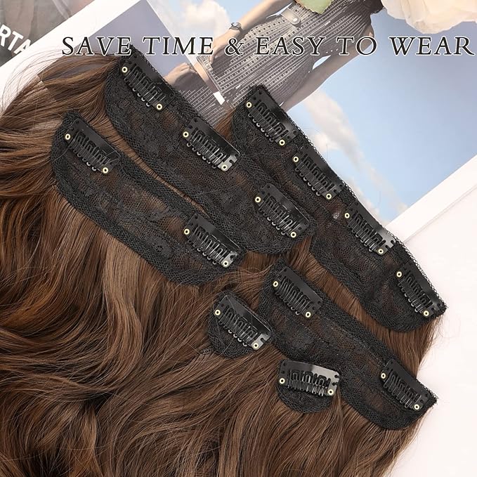 NAYOO Clip in Hair Extensions for Women 20 Inch Long Wavy Curly Medium Brown Hairpieces Full Head Synthetic Hair Hairpieces (6PCS,Medium Brown)