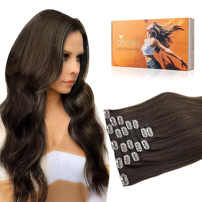 DOORES New Dark Brown 18 Inch 120g 7pcs Clip in Human Hair Extensions Real Human Hair Natural Hair Extensions Straight Thick