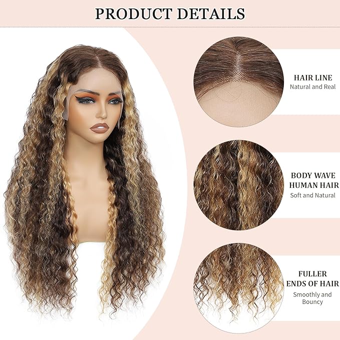 40 Inch Highlight Ombre Human Hair Wigs 13x6 HD Honey Blonde Deep Wave Lace Front Wigs Human Hair 180 Density Glueless Deep Wave 4/27 Colored Wet and Wavy Curly Wig Pre Plucked for Women