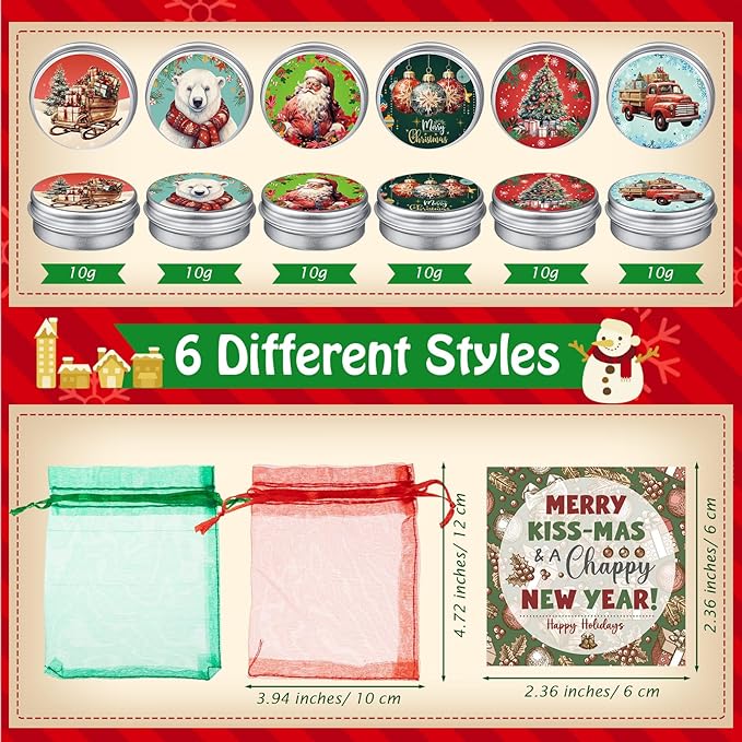 48 Set Canned Christmas Lip Balms Set Round Honey Christmas Moisturizing Moisturizer Lip Care Balm Party Favors with Bag Card for Xmas Holiday Stocking Stuffers Employee Appreciation Gifts