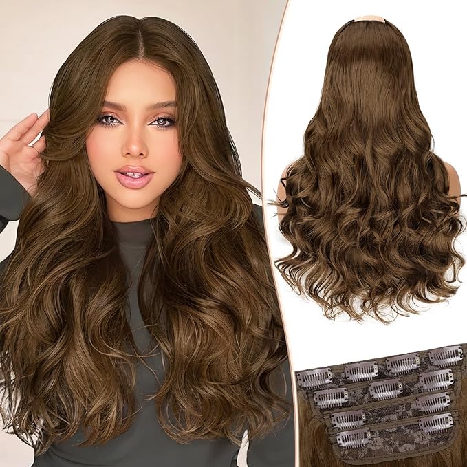 Kookastyle clip in hair extensions 4 pcs natural long Synthetic wavy curly hairpieces Layered soft invisible for women Chestnut Brown 20 inch