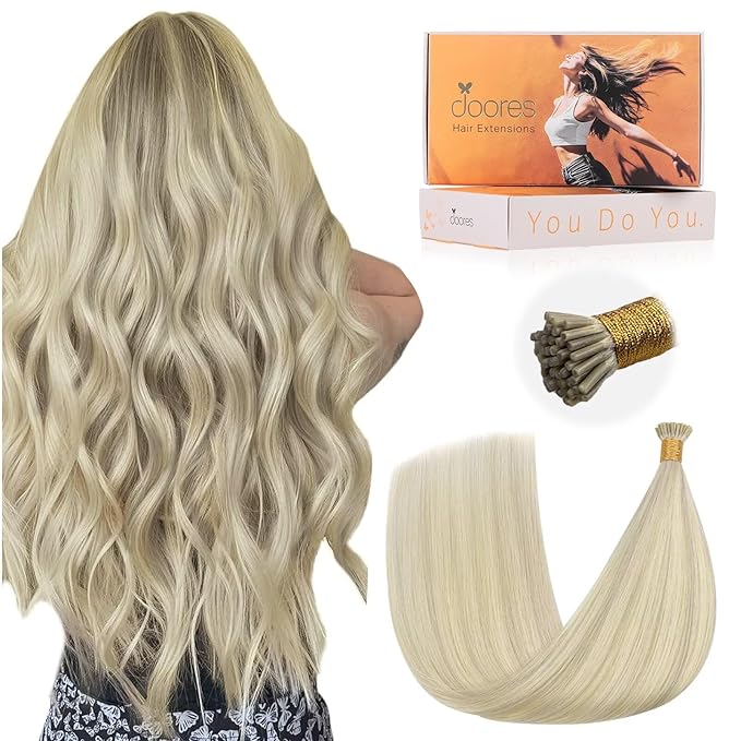 DOORES I Tip Hair Extensions, Ash Blonde Highlighted Platinum Blonde 50g/50s 22 Inch, Natural Straight I Tip Hair Extensions ombre Remy Human Hair Extensions