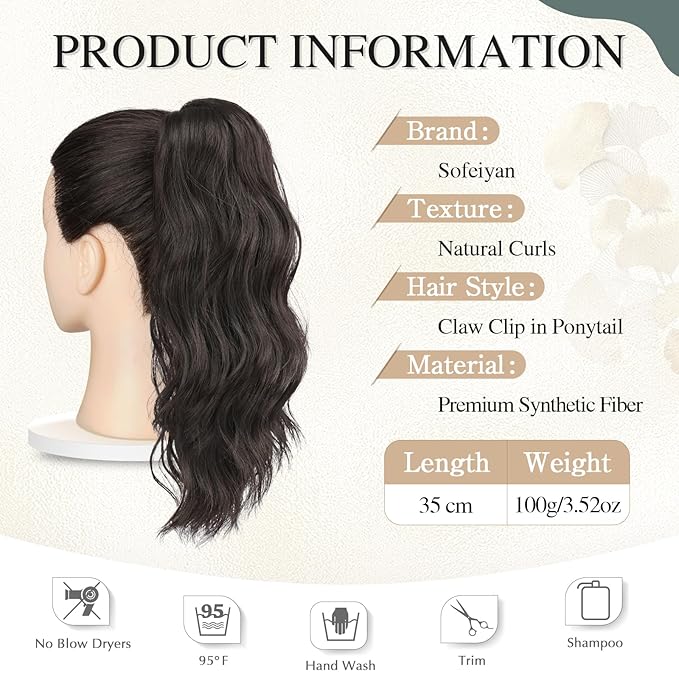 SOFEIYAN 14" Ponytail Extension, Short Wavy Claw Clip in Ponytail Hair Extension Synthetic Hairpieces Black Layered Natural Fluffy Curly Drawstring Ponytail Hair Piece for Women