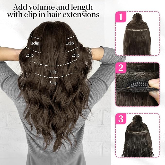 KooKaStyle Short Hair Extensions 6PCS 14 Inch Wavy Curly Hairpieces Synthetic Soft Lace Weft Clip in Hair Extensions-Chestnut Brown for Women