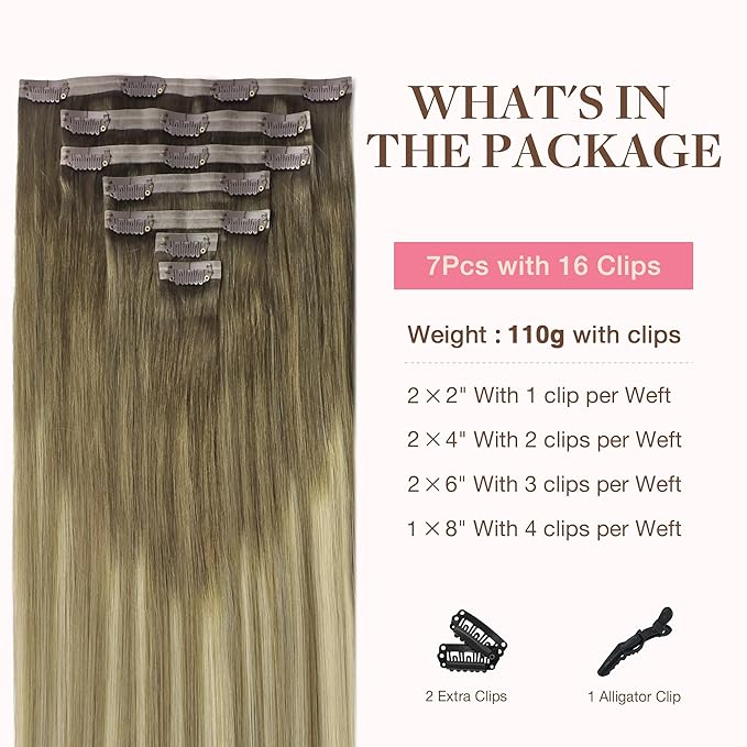 GOO GOO Clip in Hair Extensions Real Human Hair, Remy Human Hair Extensions Clip ins for Women, Natural Human Hair, 14inch 110g 7Pcs, 3/8/613 Balayage Walnut Brown to Ash Brown and Bleach Blonde