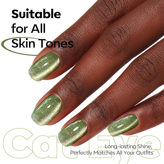 modelones Cat Eye Gel Nail Polish Glitter Green Polish with Magnet Sparkle Galaxy Series Nail Polish Soak Off Led Reflective Nail Art Gel Top Coat Manicure Salon DIY 15 ML
