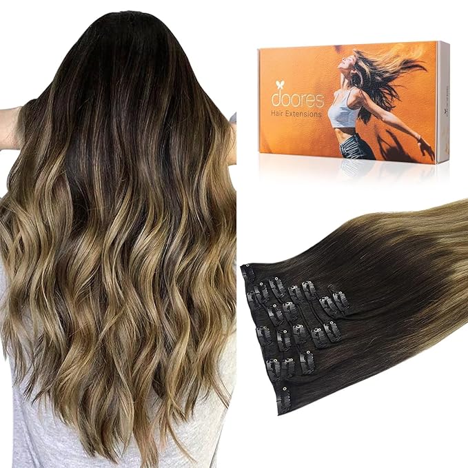 DOORES Clip in Hair Extensions Remy Balayage Dark Brown Fading to Chestnut Brown and Dirty Blonde 16 Inch Real Human Hair Clip in Extensions Natural Straight Hair Extensions 120g 7pcs