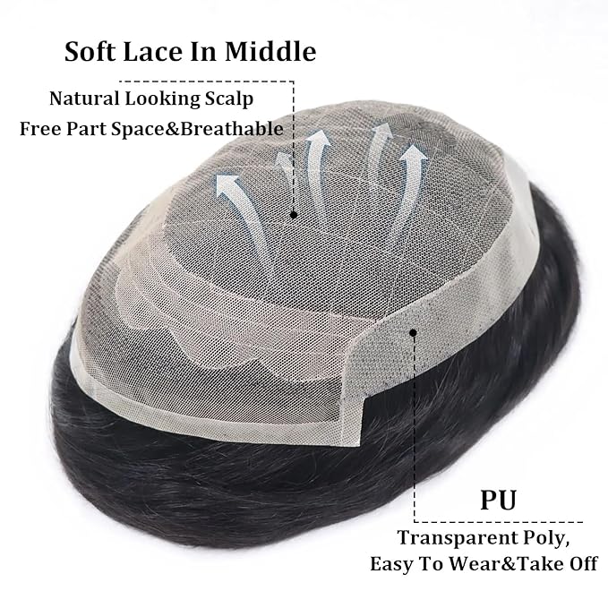 6x8 7x9 Hair Men’s Toupee Mono Lace PU Hairpiece Replacement Capillary Prosthesis System 100% Human Hair Breathable Durable Males Wig Natural Black (OCT, 6X8)