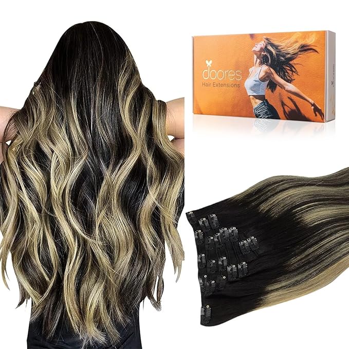 DOORES Clip in Hair Extensions Real Human Hair, Balayage Natural Black to Light Blonde 18 Inch 135g 7pcs, Extensions Real Remy Clip ins Natural Thick Weft for Women