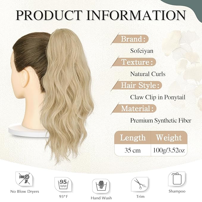 SOFEIYAN 14" Ponytail Extension, Short Wavy Claw Clip in Ponytail Hair Extension Synthetic Hairpieces Black Layered Natural Fluffy Curly Drawstring Ponytail Hair Piece for Women
