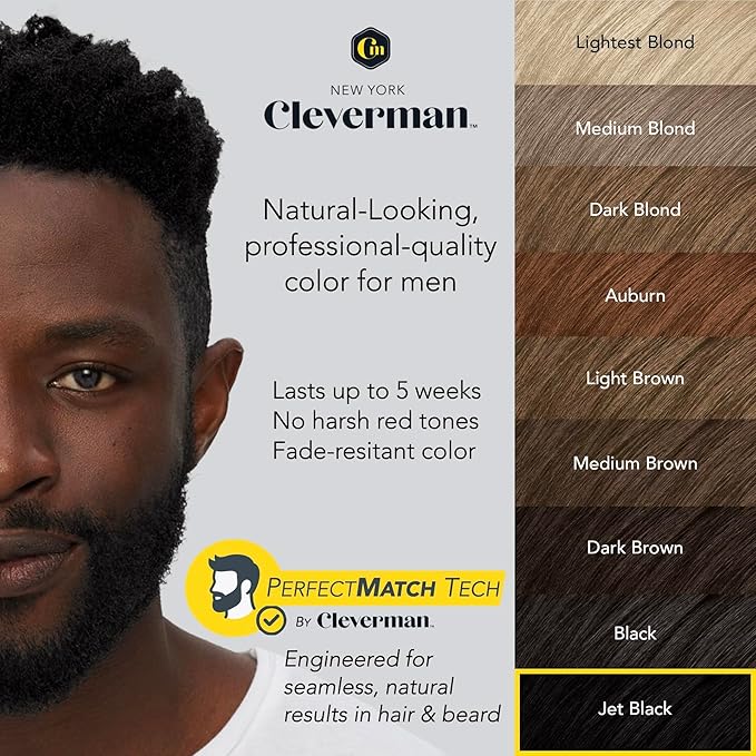 Cleverman Hair & Beard Dye Kit for Men, All-in-One Reusable Mens Hair Color, Natural Gray Coverage, Ammonia-Free Beard Mustache Dye for Men (Jet Black for Black Men, 2 Ounce (Pack of 1))