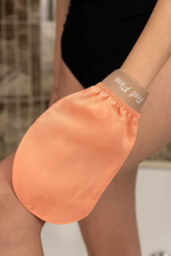 Feel Fine Turkish 100% Natural Plant Silk Exfoliating Gloves & Mitt Set – Hammam Kese for Body Scrub Mitt for Women & Men, Perfect for Shower, Bath, and Spa (Salmon Pink & Feel Fine)