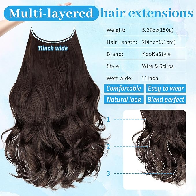 KooKaStyle Invisible Wire Hair Extensions Long Straight Layered Synthetic with Transparent Wire Adjustable Size 6 Secure Clips Hairpieces for Women 20 Inch (20 Inch,Reddish Chocolate Brown)