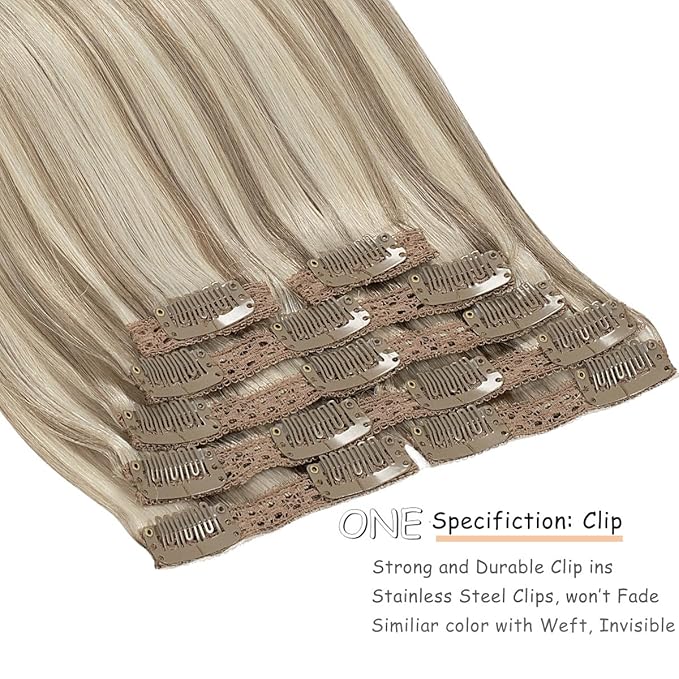 Caliee 22Inch Natural Hair Clip ins for Women P18/613 Champagne Blonde Mix Bleach Blonde Remy Hair Extensions Clip in Human Hair 7PCS 140G Hair Extensions for Women
