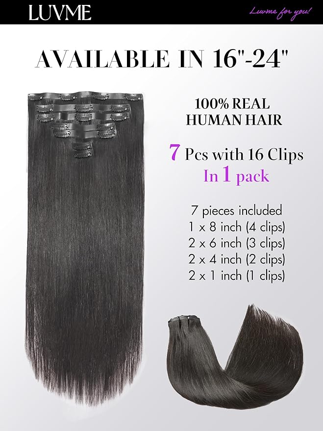 LUVME Straight Seamless 110g 7Pcs Clip in Hair Extensions Full Max with 14inch Remy Human Hair Extensions, Natural Black 100% Real Soft Human Hair