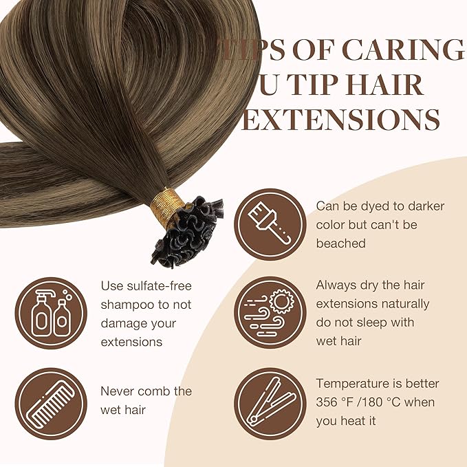 GOO GOO K Tip Hair Extensions Real Human Hair, Invisible Remy Hot Fusion K Tip Hair Extensions, 16inch 50g 50S, 4/27/4 Balayage Chocolate Brown to Caramel Blonde