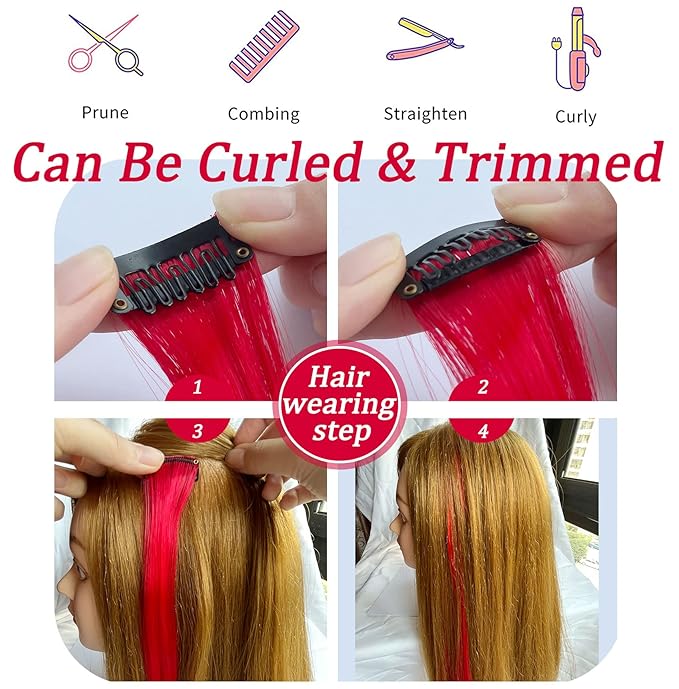 Rhyme 9PCS 21" Colored Clip in Hair Extensions Red Wig Hairpieces for Kids Girls Hair Clips Birthday and Holiday Party Highlights Dress Up hair Accessories (Red)