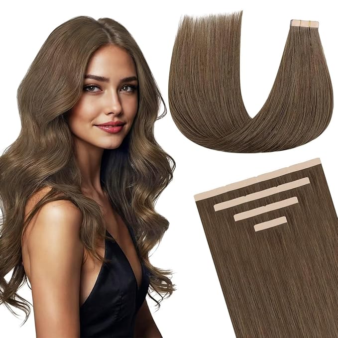 DOORES Light Ash Brown Tape in Hair Extensions - 14 Inch, 25g, 10pcs - Human Remy Natural Hair