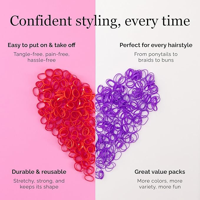 Sweetheart Hair Elastics – 1,000 Pack Red, Pink, Purple & White Elastic Hair Ties – Durable No-Snag Rubber Bands for Kids & Adults – Perfect for Ponytails, Braids & Creative Hairstyles