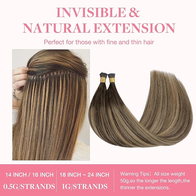 GOO GOO I Tip Hair Extensions, Real Human Hair, 20inch 50g, Cold Fusion I Tip, Invisible Remy, 4/26/4 Balayage Chocolate Brown to Honey Blonde