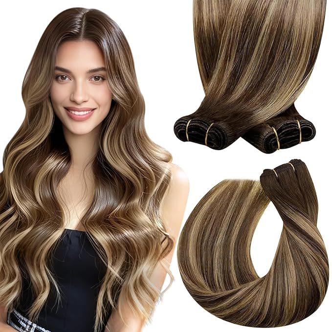 Sunny Hair Weft Hair Extensions Human Hair 18inch 120g Sew in Hair Extensions Real Human Hair Dark Brown Balayage Caramel Blonde Hand Tied Weft Hair Extensions For Women Real Hair Wefts Thickness